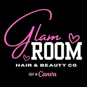Puede incluir: Diseño de logotipo rosa y blanco con el texto "Glam ROOM" y las palabras "HAIR & BEAUTY CO." El logotipo también incluye dos corazones rosas. El texto "EDIT IN Canva" está en la parte inferior del logotipo.
