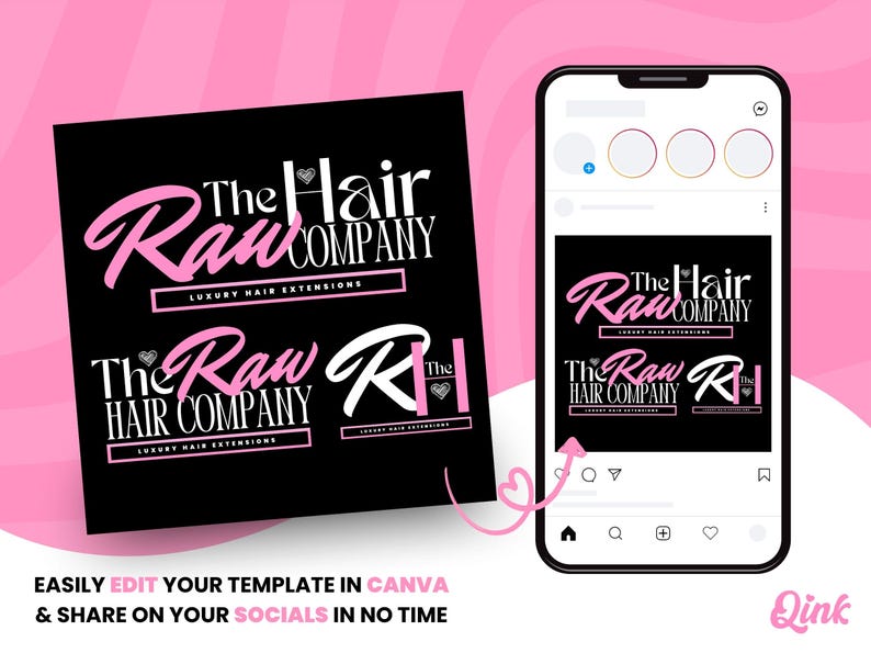 Pu&ograve; includere: Design del logo nero e rosa per "The Raw Hair Company" con il testo "Luxury Hair Extensions". Il design &egrave; visualizzato su sfondo nero e sullo schermo di uno smartphone. &Egrave; visibile anche il testo "EASILY EDIT YOUR TEMPLATE IN CANVA & SHARE ON YOUR SOCIALS IN NO TIME".