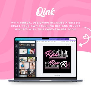 Pu&ograve; includere: Un laptop che mostra un'interfaccia di progettazione Canva con il logo "The Raw Hair Company" su sfondo nero. Lo sfondo &egrave; rosa con la parola "Qink" e il testo "WITH CANVA, DESIGNING BECOMES A BREEZE!" in bianco.