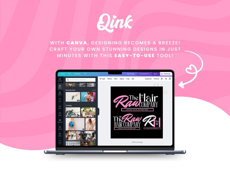 Pu&ograve; includere: Un laptop che mostra un'interfaccia di progettazione Canva con il logo "The Raw Hair Company" su sfondo nero. Lo sfondo &egrave; rosa con la parola "Qink" e il testo "WITH CANVA, DESIGNING BECOMES A BREEZE!" in bianco.