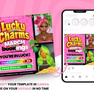 May include: A pink and green social media graphic with the text "Lucky Charms March bookings are now open! You're in luck!" and two images of women with colorful hair. The graphic also includes the text "Your Special" and "XXX" in a box.