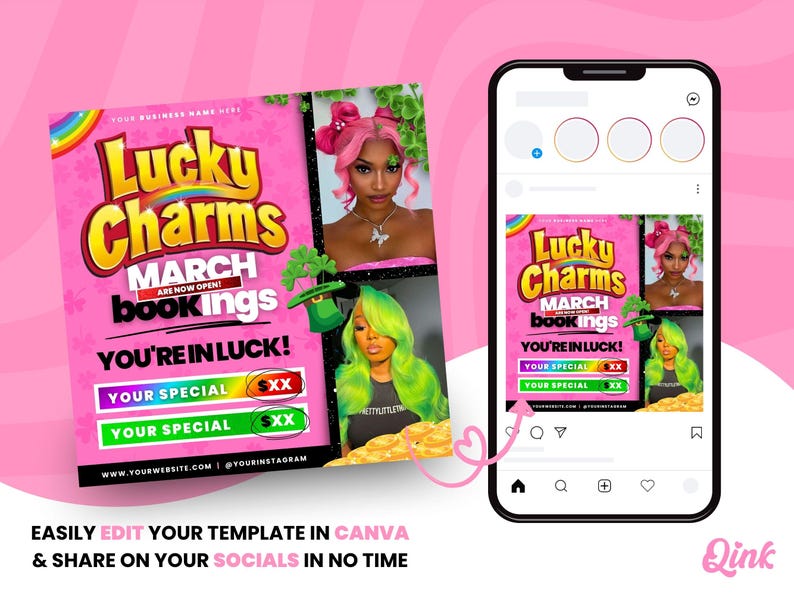 May include: A pink and green social media graphic with the text "Lucky Charms March bookings are now open! You're in luck!" and two images of women with colorful hair. The graphic also includes the text "Your Special" and "XXX" in a box.