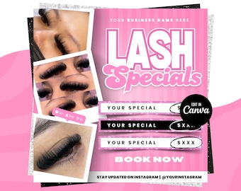 Könnte beinhalten: Rosa-schwarze Grafik mit dem Text "LASH Specials" in weißen Buchstaben. Die Grafik zeigt drei Fotos von Augen mit Wimpernverlängerungen. Der Text "YOUR SPECIAL" wird dreimal wiederholt, wobei jeweils ein Dollarbetrag daneben steht. Der Text "EDIT IN Canva" befindet sich in einem schwarzen Kreis. Der Text "BOOK NOW" ist in weißen Buchstaben. Der Text "STAY UPDATED ON INSTAGRAM | @YOURINSTAGRAM" befindet sich am unteren Rand der Grafik.