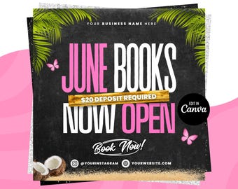 June Booking Flyer, Summer Booking Flyer, June Books Open, June Summer Hair Flyer, June Nails Flyer, June Lashes Flyer, June Makeup Flyer