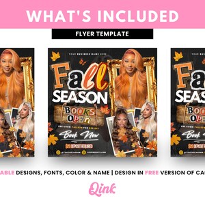 May include: Flyer template with a fall season theme. The design features the text "Fall Season" in orange and white, with images of women and autumn leaves. The flyer includes the text "Books Open" and "Book Now".