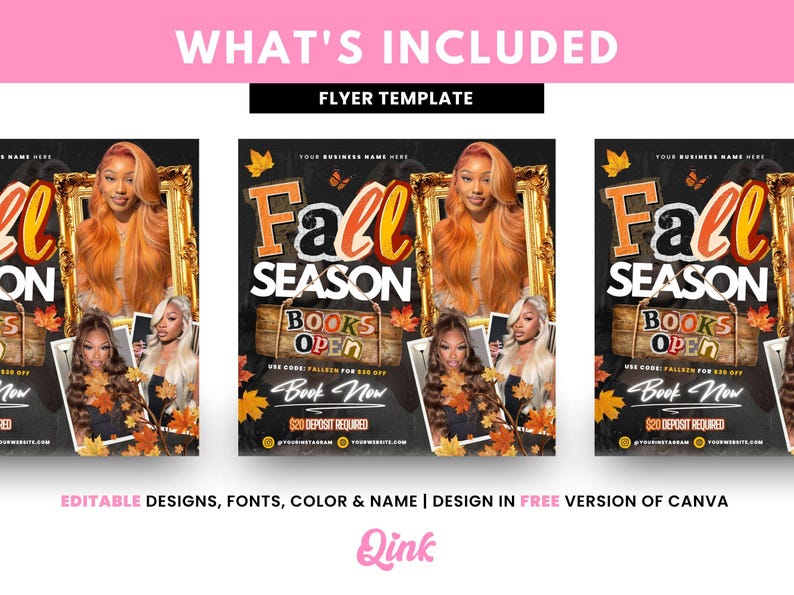 May include: Flyer template with a fall season theme. The design features the text "Fall Season" in orange and white, with images of women and autumn leaves. The flyer includes the text "Books Open" and "Book Now".