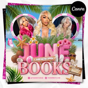Puede incluir: Gráfico rosa y tropical con el texto "JUNE BOOKS ARE NOW OPEN". El diseño presenta a tres mujeres, palmeras, flores y elementos de playa. El logotipo de Canva está en la esquina superior derecha. Los detalles de Instagram y el sitio web están abajo.
