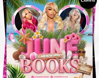 June Booking Flyer, Monthly Bookings, Summer Booking Flyer, June Books Open, Hair Nails Lash Makeup, Canva Template, Editable