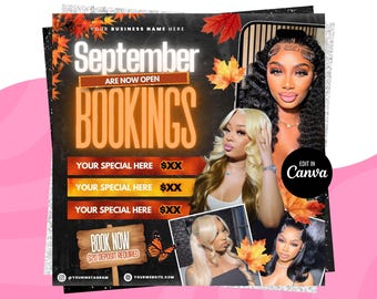 September Booking Flyer, Fall Season Booking Flyer, September Books Open, September Lash Nails Braids MUA Wig Autumn Flyer, Fall Szn Sale