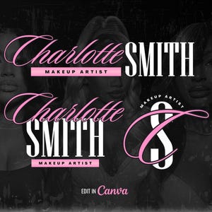 K&ouml;nnte beinhalten: Ein Schwarzwei&szlig;bild mit drei Frauen. Der Text "Charlotte Smith Makeup Artist" ist in Wei&szlig; mit rosa Umrandung geschrieben. Der Text "Edit in Canva" ist in Wei&szlig; mit rosa Umrandung geschrieben.