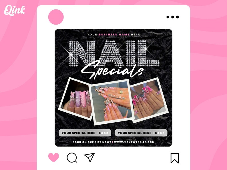 May include: A black and white Instagram post advertising nail specials. The text "NAIL SPECIALS" is written in large, sparkly letters. Three photos of manicured nails are displayed below the text. The text "YOUR SPECIAL HERE | $XXX" appears twice below the photos. The text "BOOK ON OUR SITE NOW! | WWW.YOURWEBSITE.COM" appears at the bottom of the post.