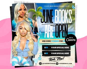 June Booking Flyer, Summer Booking Flyer, June Books Open, June Summer Hair Flyer, June Nails Flyer, June Lashes Flyer, June Makeup Flyer