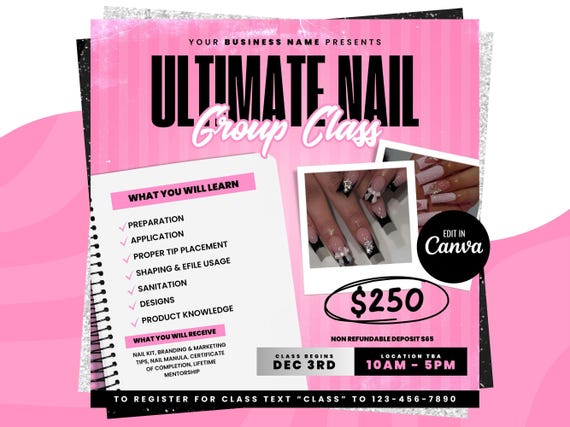 Nail Class Flyer, Nail Course Flyer, DIY Nail Artist Training Masterclass Course Template, Nail Tech Salon Beautician Extensions Template