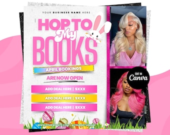 April Booking Flyer, Spring Booking Flyer, Easter Flyer, April Hair, Spring Books Open, April Book Now, April Lashes Nails Braid Wig Flyer