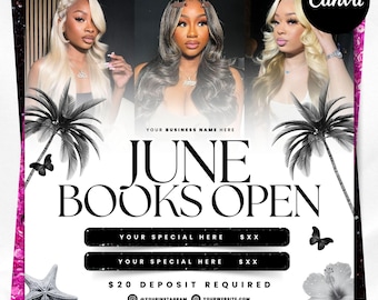 June Booking Flyer, Monthly Bookings, Summer Booking Flyer, June Books Open, Hair Nails Lash Makeup, Canva Template, Editable