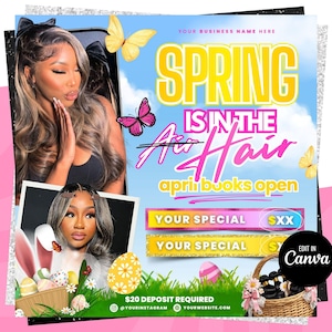 May include: A promotional graphic featuring a woman, butterflies, and the text "SPRING IS IN THE AIR HAIR" and "april books open." The design incorporates Easter eggs and a basket of hair extensions, with a pink and blue colour scheme.