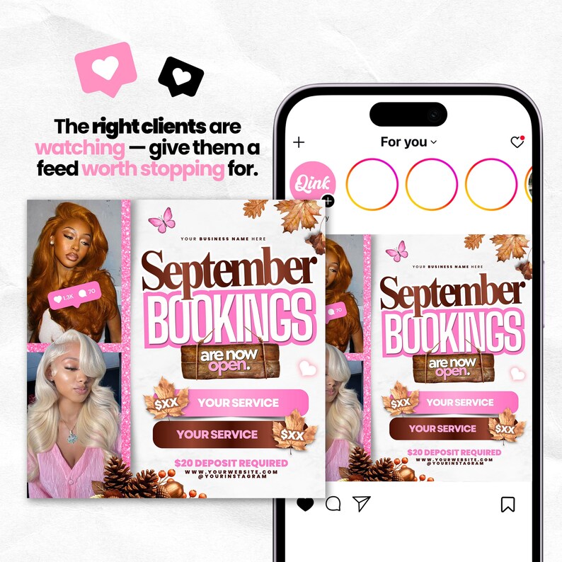 May include: A digital marketing flyer template for September bookings displayed on a smartphone screen. The design features autumn leaves, pink accents, and text reading September Bookings are now open, with placeholders for services and pricing.