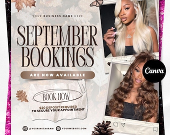 September Booking Flyer, September Books Now Open Flyer, Fall Season Booking Flyer, September Fall Hair Braids Wig Nails Lashes Makeup Flyer