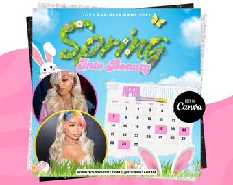 Folleto de reservas del calendario de abril, folleto de reservas de primavera, folleto de Pascua, peluquería de abril, libros de primavera abiertos, reserva ahora de abril, folleto de pestañas y uñas de abril