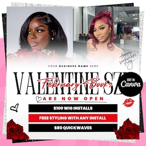 May include: Valentine's Day special offer for hair services. February bookings are now open. £80 wig installs, free styling with any install, and £65 quick waves.