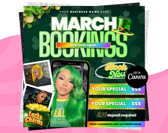 Boekingsflyer maart, St.Patricks Day-flyer, maart Books, March Madness-flyer, maart Boek nu, maart Hair, March Lashes Nails Braid MUA-flyer