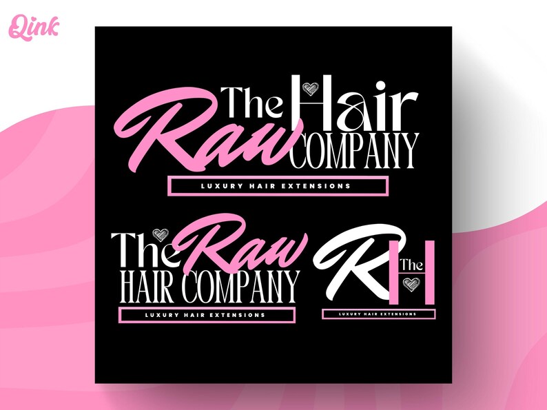 Pu&ograve; includere: Sfondo nero con due loghi per "The Raw Hair Company". Il logo in alto presenta testo rosa in corsivo e lettere bianche a blocchi. Il logo in basso ha un design simile. Entrambi i loghi includono il testo "LUXURY HAIR EXTENSIONS."