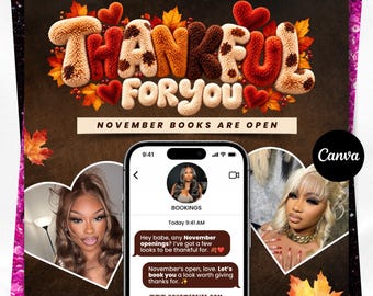 Op de afbeelding: Een digitale marketingafbeelding met de tekst THANKFUL FOR YOU en NOVEMBER BOOKS ARE OPEN. Het toont een smartphonescherm met een chatinterface, twee hartvormige fotokaders van personen en herfstbladaccenten.