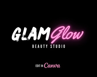 May include: A black background with the words "GLAM Glow" in white brushstroke font and pink neon-style font. Below, the text "BEAUTY STUDIO" is in a smaller white font. The words "EDIT IN Canva" are at the bottom.