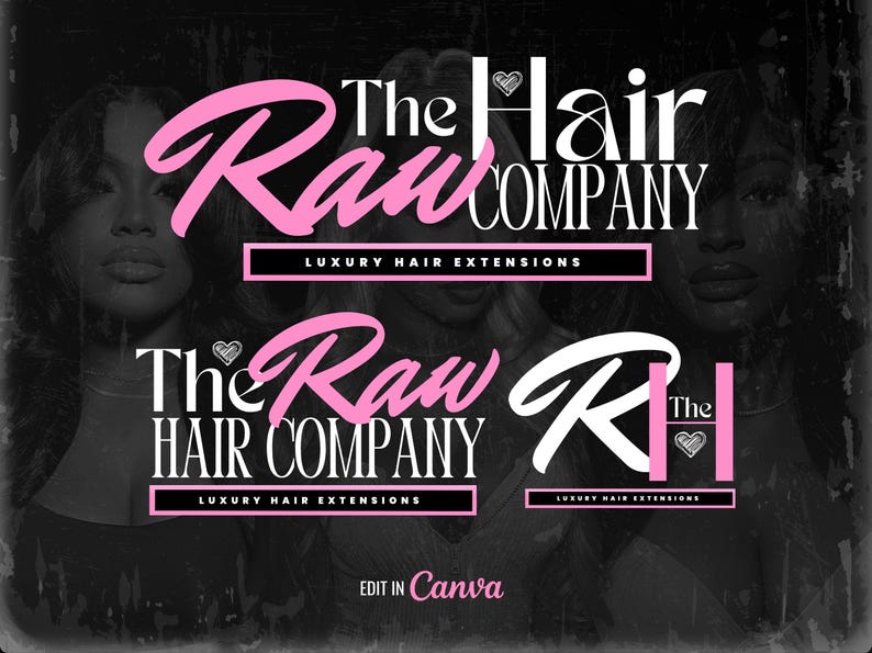 Pu&ograve; includere: Immagine promozionale per "The Raw Hair Company" con pi&ugrave; loghi. I loghi, in rosa e bianco, indicano "Luxury Hair Extensions" su uno sfondo scuro. L'immagine include foto di donne. Il testo "Edit in Canva" &egrave; in basso.