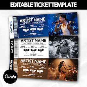 May include: Three concert ticket templates with the text "EDITABLE TICKET TEMPLATE". Each ticket has a different color scheme and features the text "ARTIST NAME", "AT&T STADIUM, ARLINGTON, TEXAS", and "HAPPY BIRTHDAY BABE, I LOVE YOU".