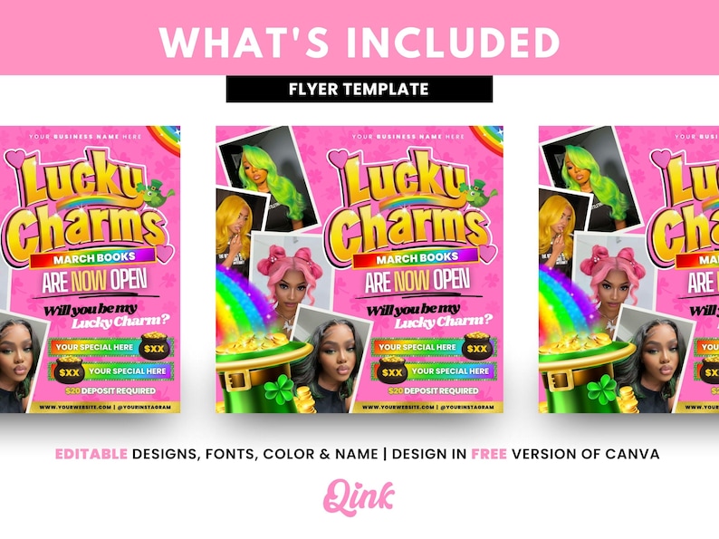 May include: A pink flyer with the text "Lucky Charms" in a bold, white font. The flyer advertises "March Books Are Now Open" and asks "Will you be my Lucky Charm?" The flyer has a green shamrock and a rainbow design.