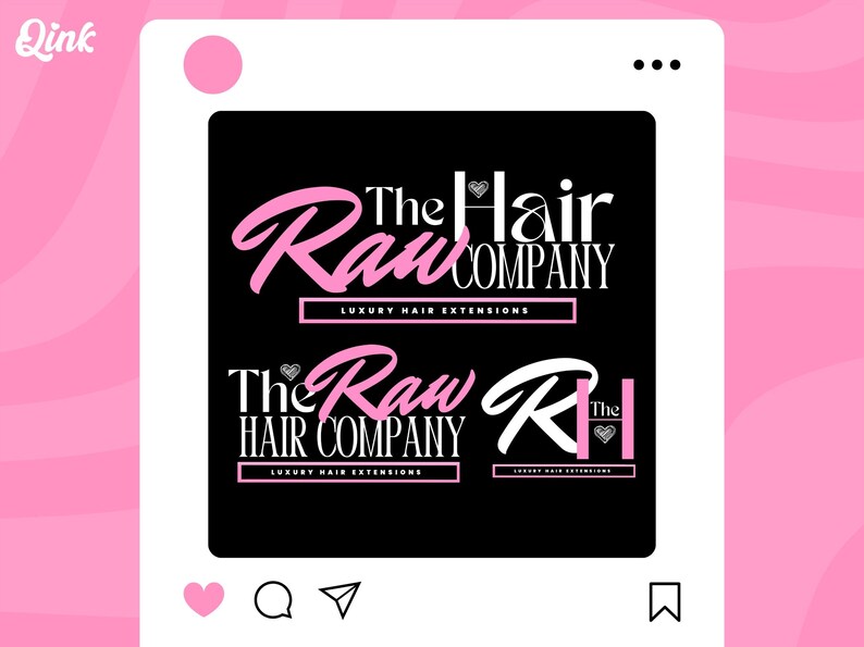 Pu&ograve; includere: Grafica nera e rosa con il testo "The Raw Hair Company" in un carattere script stilizzato. Le parole "Luxury Hair Extensions" sono in basso. L'immagine &egrave; su sfondo rosa.