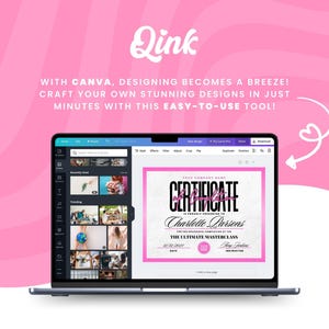 Puede incluir: Una computadora port&aacute;til muestra una interfaz de dise&ntilde;o de Canva con una plantilla de certificado. El certificado presenta un borde rosa y el texto "CERTIFICATE" en negrita negra. El fondo es rosa con texto blanco que dice "WITH CANVA, DESIGNING BECOMES A BREEZE!"