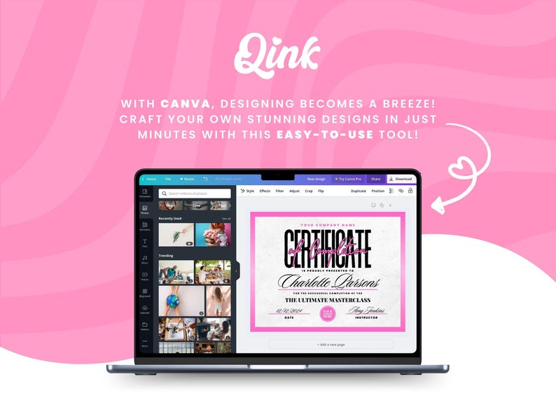 Puede incluir: Una computadora port&aacute;til muestra una interfaz de dise&ntilde;o de Canva con una plantilla de certificado. El certificado presenta un borde rosa y el texto "CERTIFICATE" en negrita negra. El fondo es rosa con texto blanco que dice "WITH CANVA, DESIGNING BECOMES A BREEZE!"