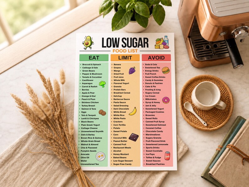 Low Sugar Food List Printable PDF, Low Sugar Diet Food Chart, Diabetic Friendly Foods Guide ...