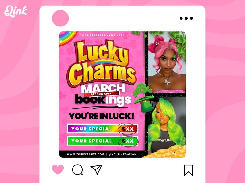 May include: A pink and green graphic with the text "Lucky Charms" and "March bookings are now open!"  The graphic also includes the text "You're in luck!" and two buttons that say "Your Special" with the letters "SXX" in red and green.
