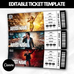 May include: An editable ticket template featuring three concert tickets. Each ticket includes a QR code, artist name placeholder, and concert details. The tickets have a black and white design with "ADMIT ONE" on the right.
