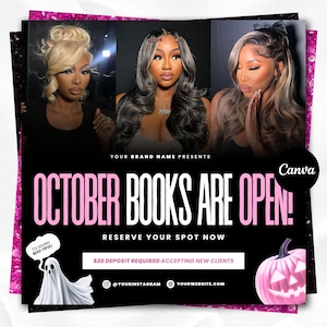 May include: A promotional graphic featuring three individuals with styled hair, the text "YOUR BRAND NAME PRESENTS", "OCTOBER BOOKS ARE OPEN!", "RESERVE YOUR SPOT NOW", "$20 DEPOSIT REQUIRED ACCEPTING NEW CLIENTS", a white ghost illustration, and a pink pumpkin.