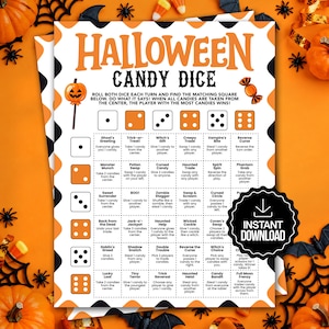 Op de afbeelding: Een Halloween Candy Dice spelblad met oranje en zwarte randen, een illustratie van een pompoenlolly en een raster met instructies. De tekst luidt Halloween Candy Dice, roll both dice each turn and find the matching square below.