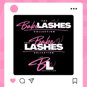 May include: A black and white graphic design with the text "The Babe Lashes Collection" in white letters with pink hearts. The text is in a stylized font and is repeated three times with slight variations.