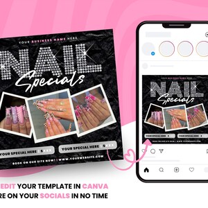May include: A black and white social media post advertising nail specials. The post features a glittery pink and white nail design with the text "NAIL Specials" in large, glittery letters. The post also includes a website address and a call to action to book an appointment.
