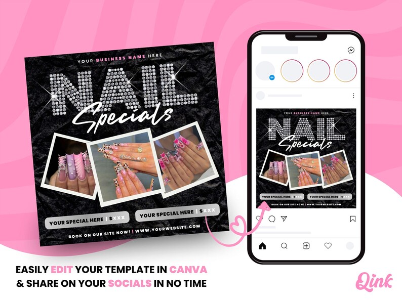 May include: A black and white social media post advertising nail specials. The post features a glittery pink and white nail design with the text "NAIL Specials" in large, glittery letters. The post also includes a website address and a call to action to book an appointment.