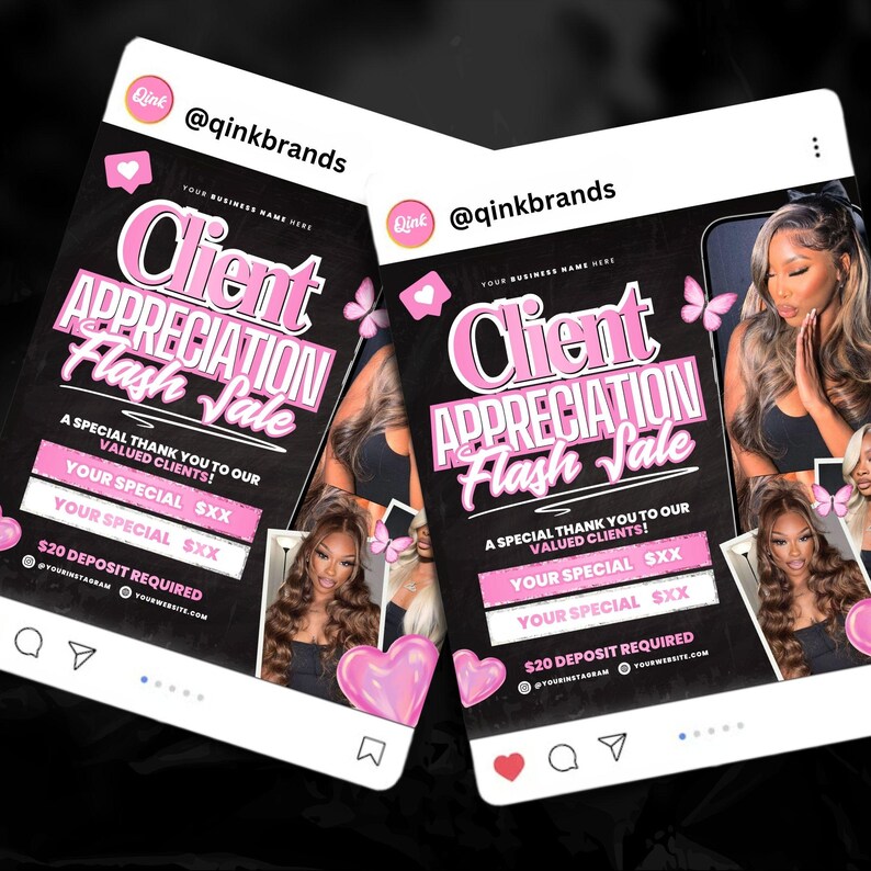 May include: Two social media-style graphics with a black background and pink accents. The text reads "Client Appreciation Flash Sale" with additional details. Images of a woman with long hair are featured. The graphics include social media icons.