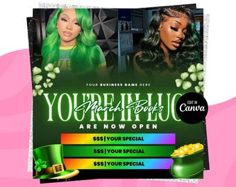 Boekingsflyer maart, St.Patricks Day-flyer, maart Books, March Madness-flyer, maart Boek nu, maart Hair, March Lashes Nails Braid MUA-flyer