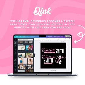 K&ouml;nnte beinhalten: Ein Laptop-Bildschirm zeigt die Designplattform Canva mit schwarzem Hintergrund und rosa Text, der "Charlotte Smith Makeup Artist" und "Charlotte Smith Makeup Artist" lautet.