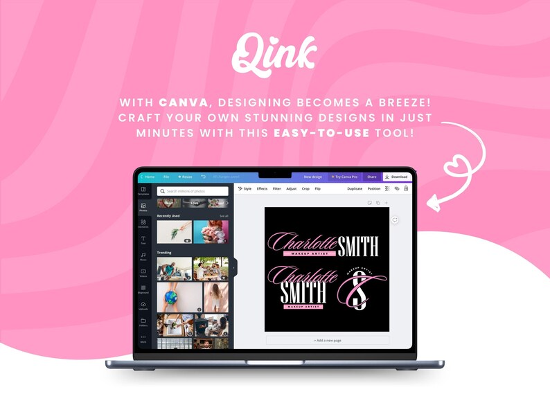 K&ouml;nnte beinhalten: Ein Laptop-Bildschirm zeigt die Designplattform Canva mit schwarzem Hintergrund und rosa Text, der "Charlotte Smith Makeup Artist" und "Charlotte Smith Makeup Artist" lautet.