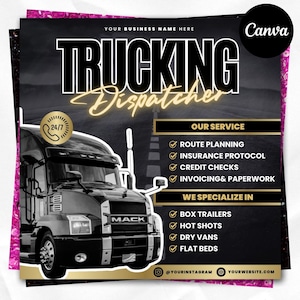 Puede incluir: Gráfico promocional para un servicio de despacho de camiones. El diseño presenta una imagen en blanco y negro de un semirremolque, el texto "Trucking Dispatcher" en letras blancas en negrita y una lista de servicios y especialidades.