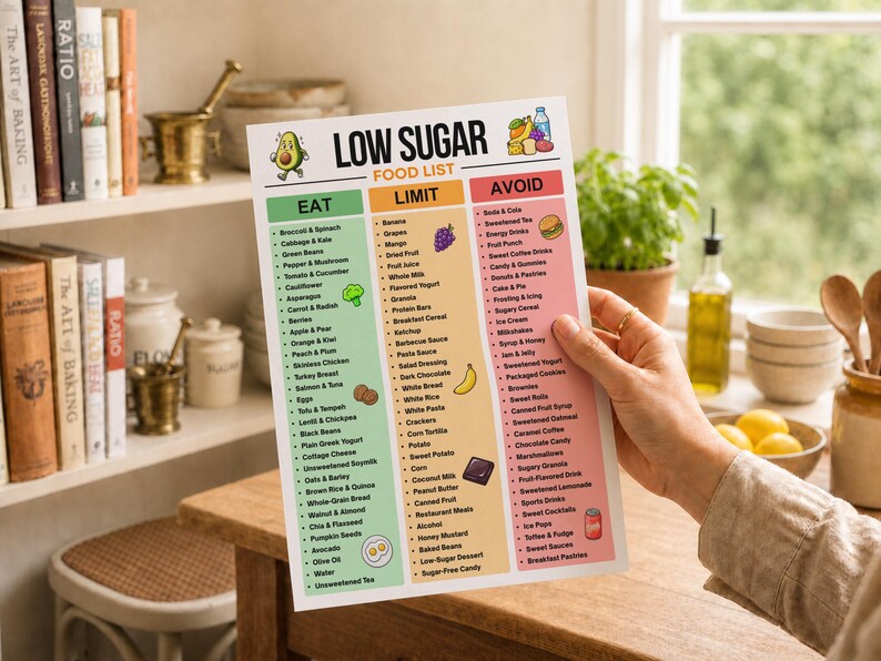Low Sugar Food List Printable PDF, Low Sugar Diet Food Chart, Diabetic Friendly Foods Guide ...