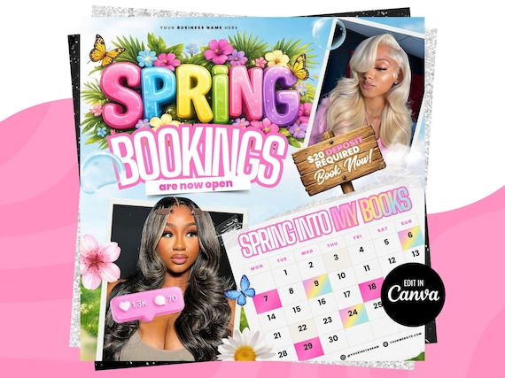 Spring Booking Flyer, Spring Books Open, April Booking Flyer, Easter Flyer, April Hair, April Book Now, April Lashes Nails Braid Wig Flyer