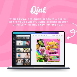 May include: A laptop screen showing the Canva design platform with a colourful flyer for a "Lucky Charms" event. The flyer features a rainbow, a green shamrock, and the text "March Books Are Now Open".